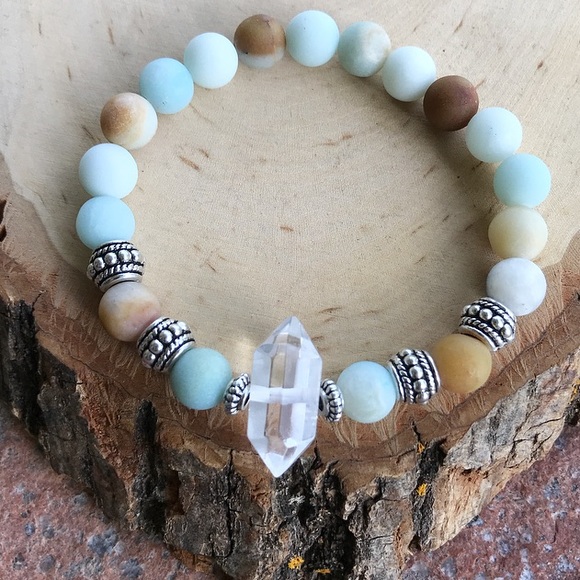 Genuine crystal quartz amazonite beaded bracelet - Picture 3 of 8